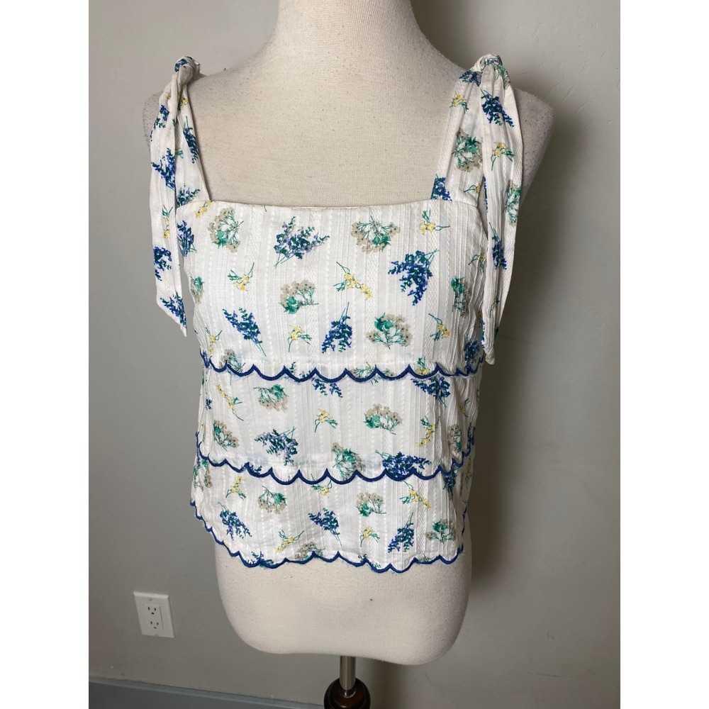 Copper Key Floral Tie Shoulder Scalloped Rickrack Crop Top Cottagecore Boho S
